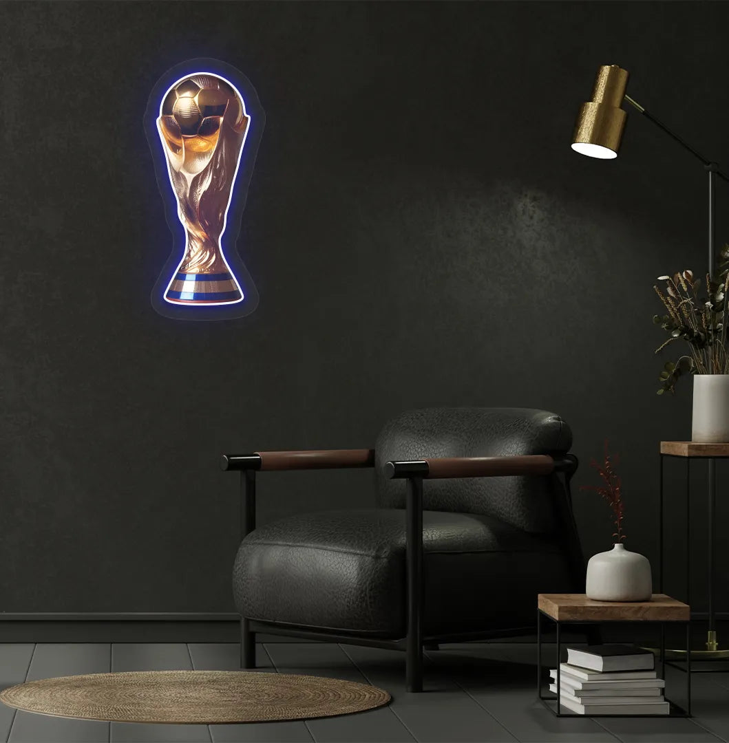 mage of a "trophy" neon sign mounted on modern wall in blue color.