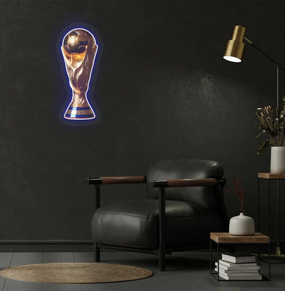 mage of a "trophy" neon sign mounted on modern wall in blue color.