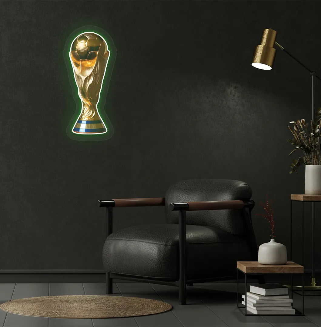 Modern sports-themed wall with trophy neon sign glowing green.