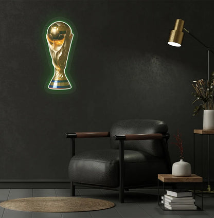 Modern sports-themed wall with trophy neon sign glowing green.