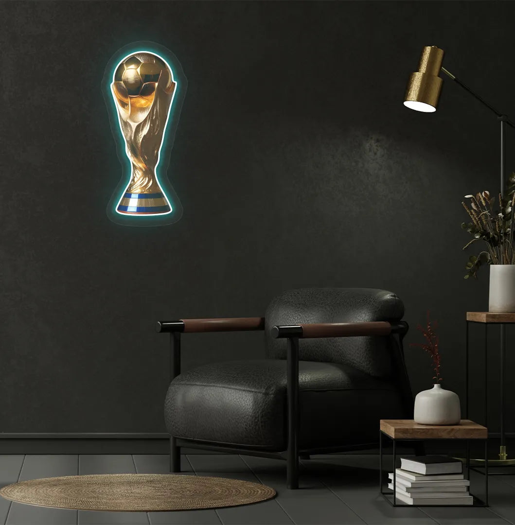 mage of a "trophy" neon sign mounted on modern wall in ice blue color.