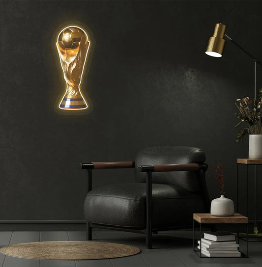 Modern sports-themed wall with trophy neon sign glowing orange.