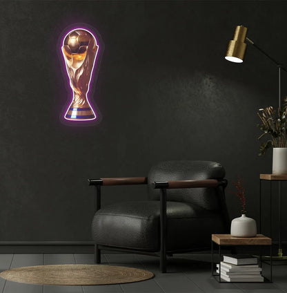 mage of a "trophy" neon sign mounted on modern wall in pink color.