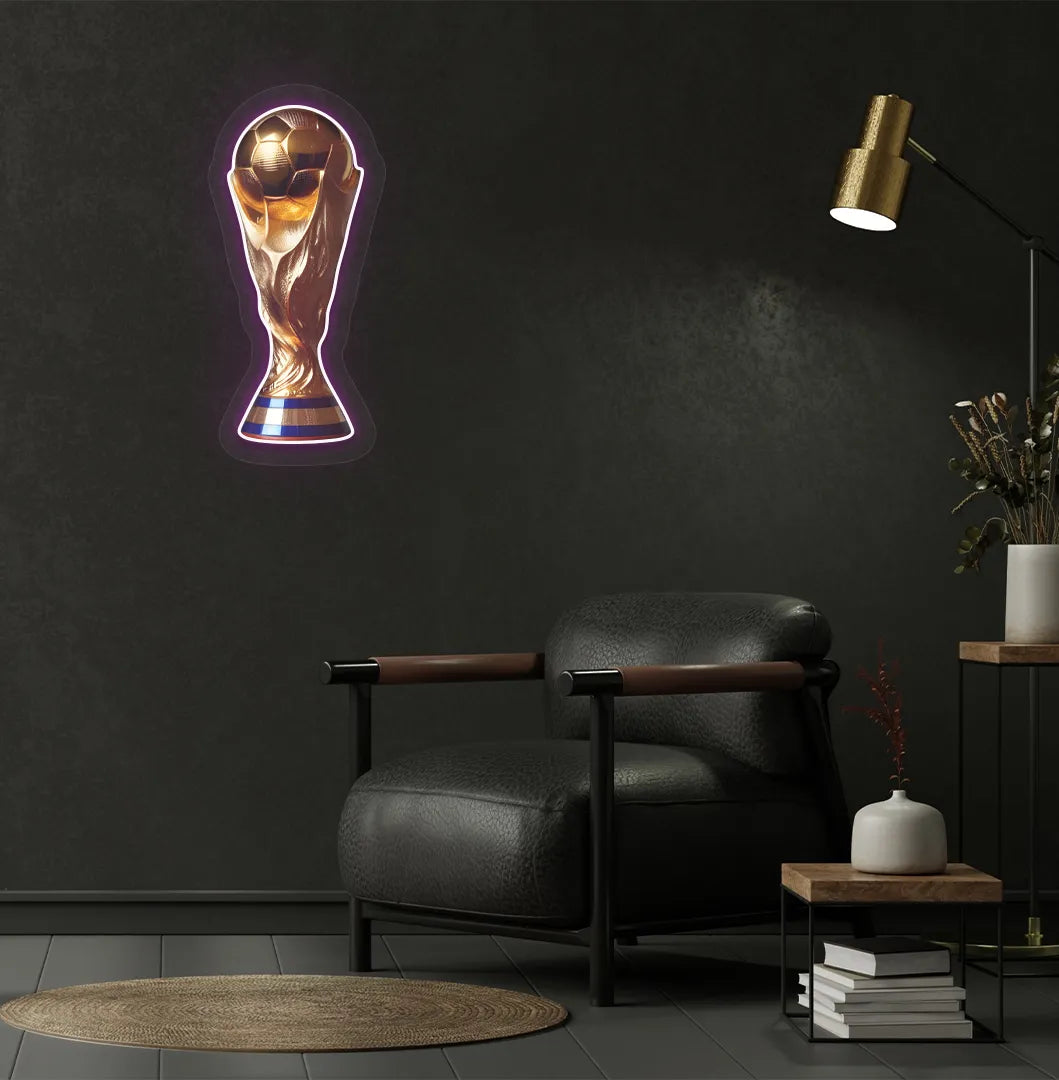 Modern sports-themed wall with trophy neon sign glowing purple.