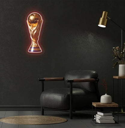mage of a "trophy" neon sign mounted on modern wall in red color.