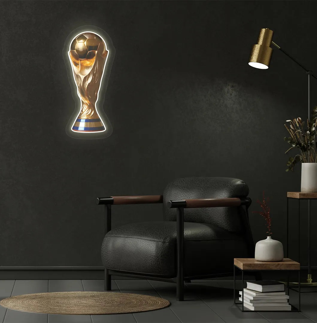 Modern sports-themed wall with trophy neon sign glowing warm white.
