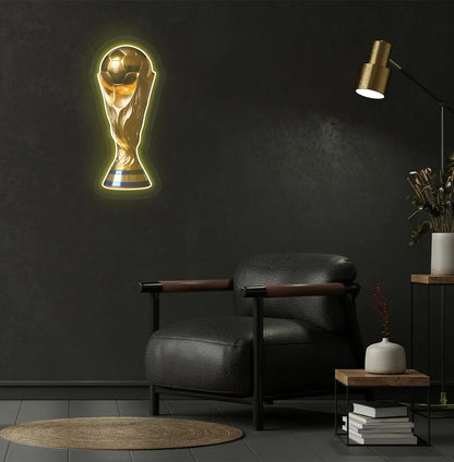 Modern sports-themed wall with trophy neon sign glowing yellow.