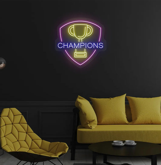 Image of a Trophy with champions neon sign mounted on aesthetic wall in blue color.