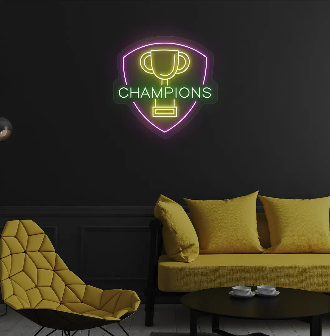 Green "trophy with champions" LED neon sign glowing on room wall.
