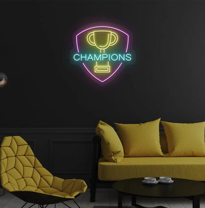 Image of a Trophy with champions neon sign mounted on aesthetic wall in ice blue color.