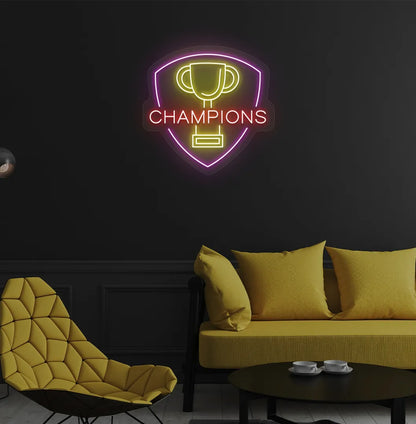 Image of a Trophy with champions neon sign mounted on aesthetic wall in red color.