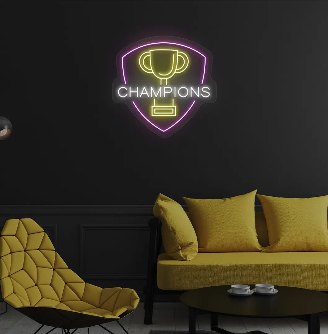 Image of a Trophy with champions neon sign mounted on aesthetic wall in white color.