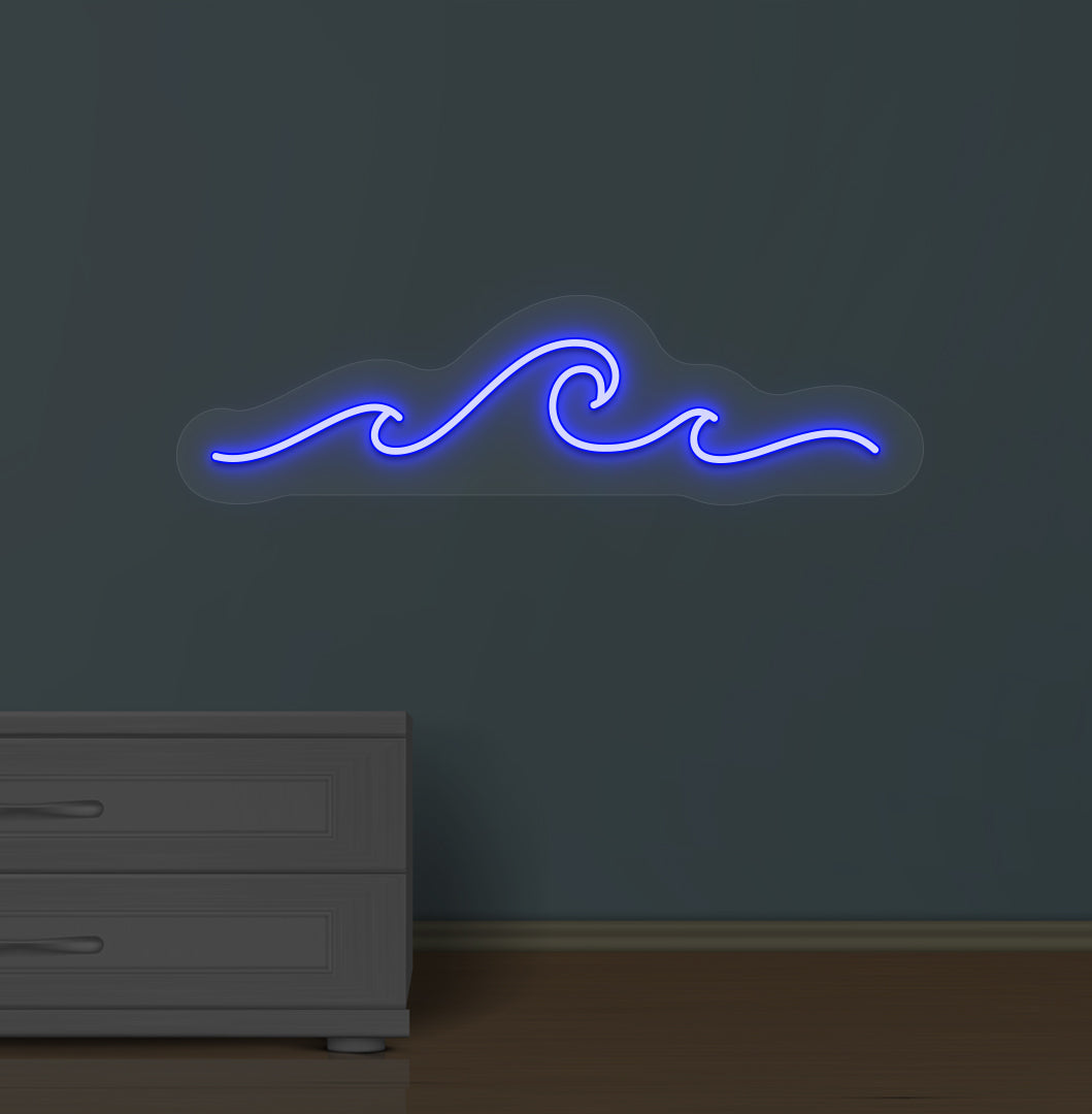 Image of an ocean-style wave neon sign glowing blue on a wall.