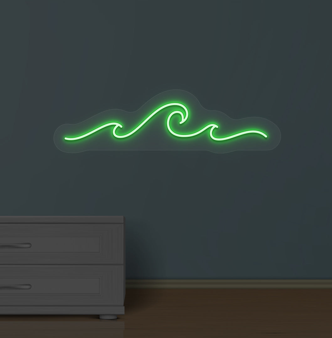 Stylish green LED wave neon sign in blue mounted on wall.