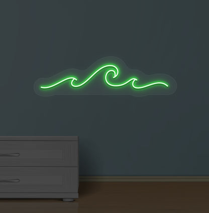 Stylish green LED wave neon sign in blue mounted on wall.