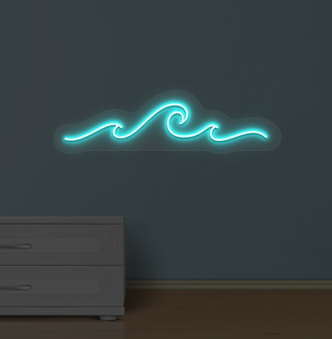Image of an ocean-style wave neon sign glowing ice blue on a wall.