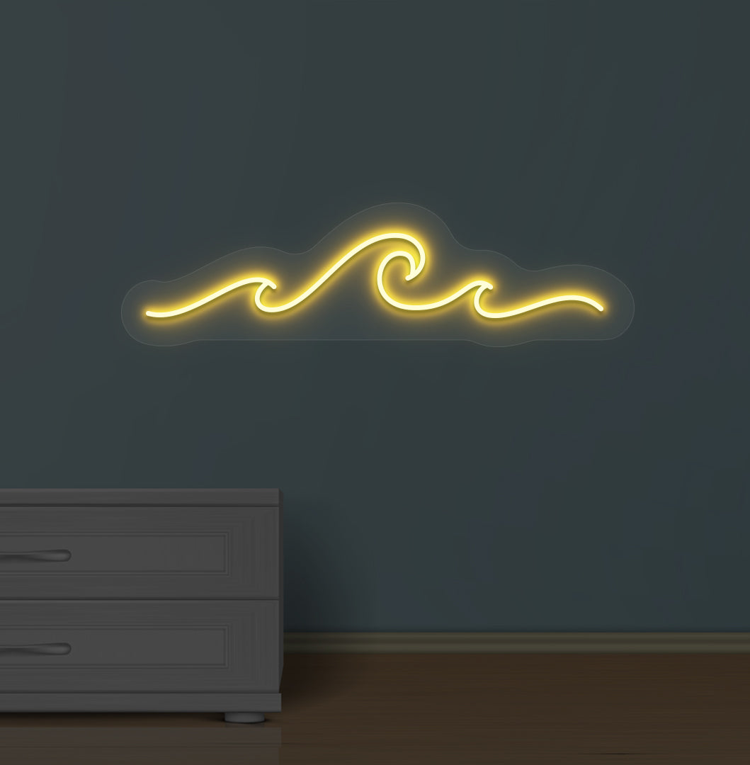 A stylish orange LED wave neon sign in blue mounted on the wall.