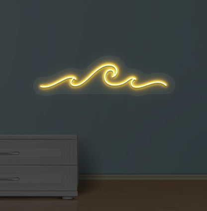 A stylish orange LED wave neon sign in blue mounted on the wall.