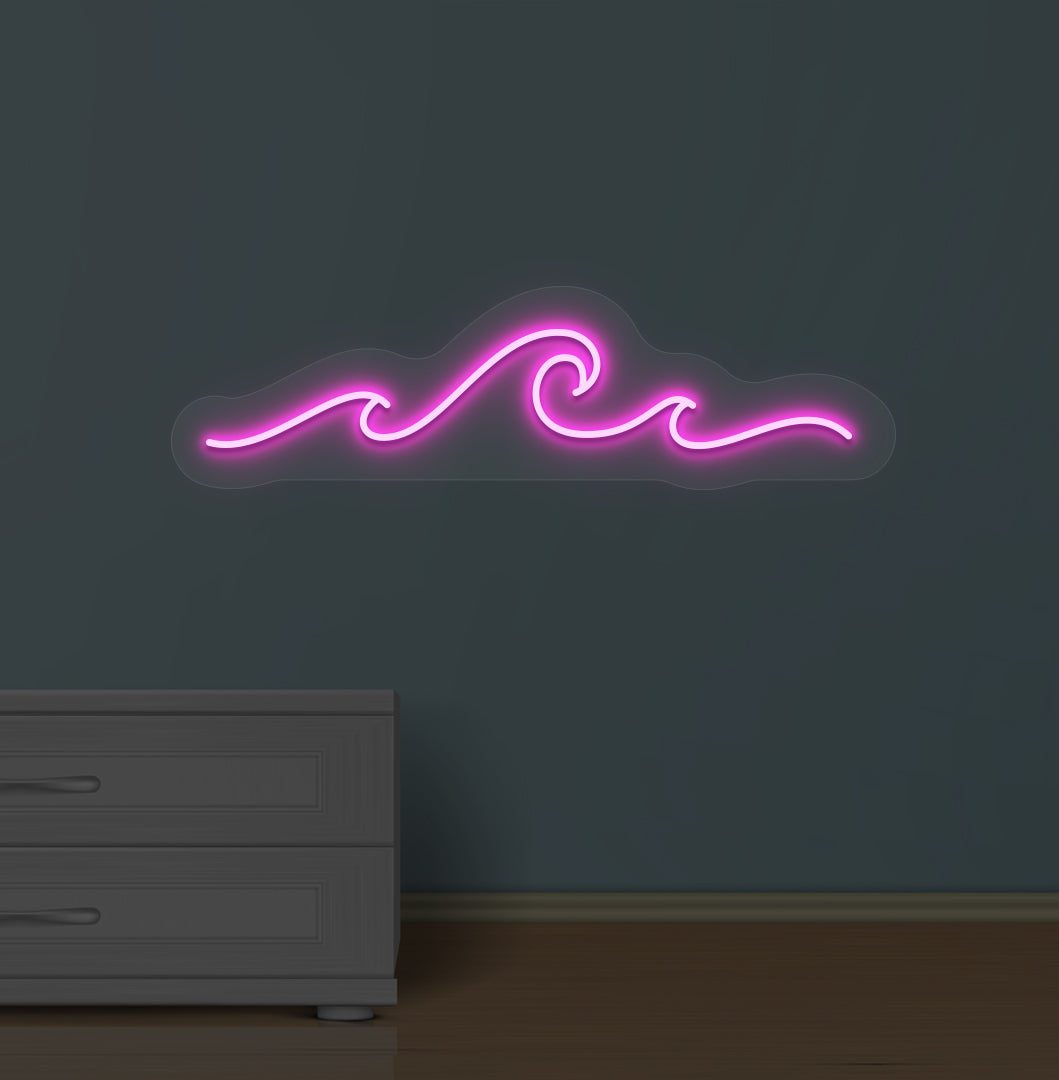 Image of an ocean-style wave neon sign glowing pink on a wall.