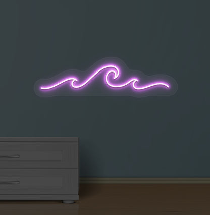 A stylish purple LED wave neon sign in blue mounted on the wall.