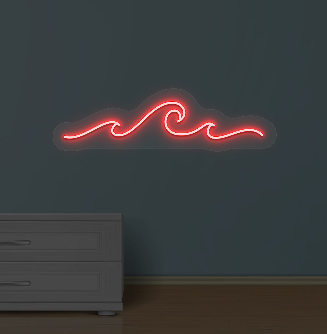 Image of an ocean-style wave neon sign glowing red on a wall.