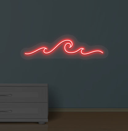 Image of an ocean-style wave neon sign glowing red on a wall.