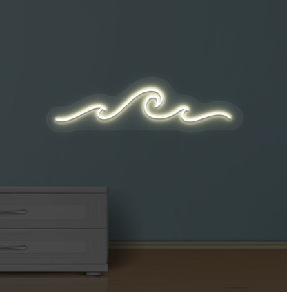 A stylish warm white LED wave neon sign in blue mounted on the wall.
