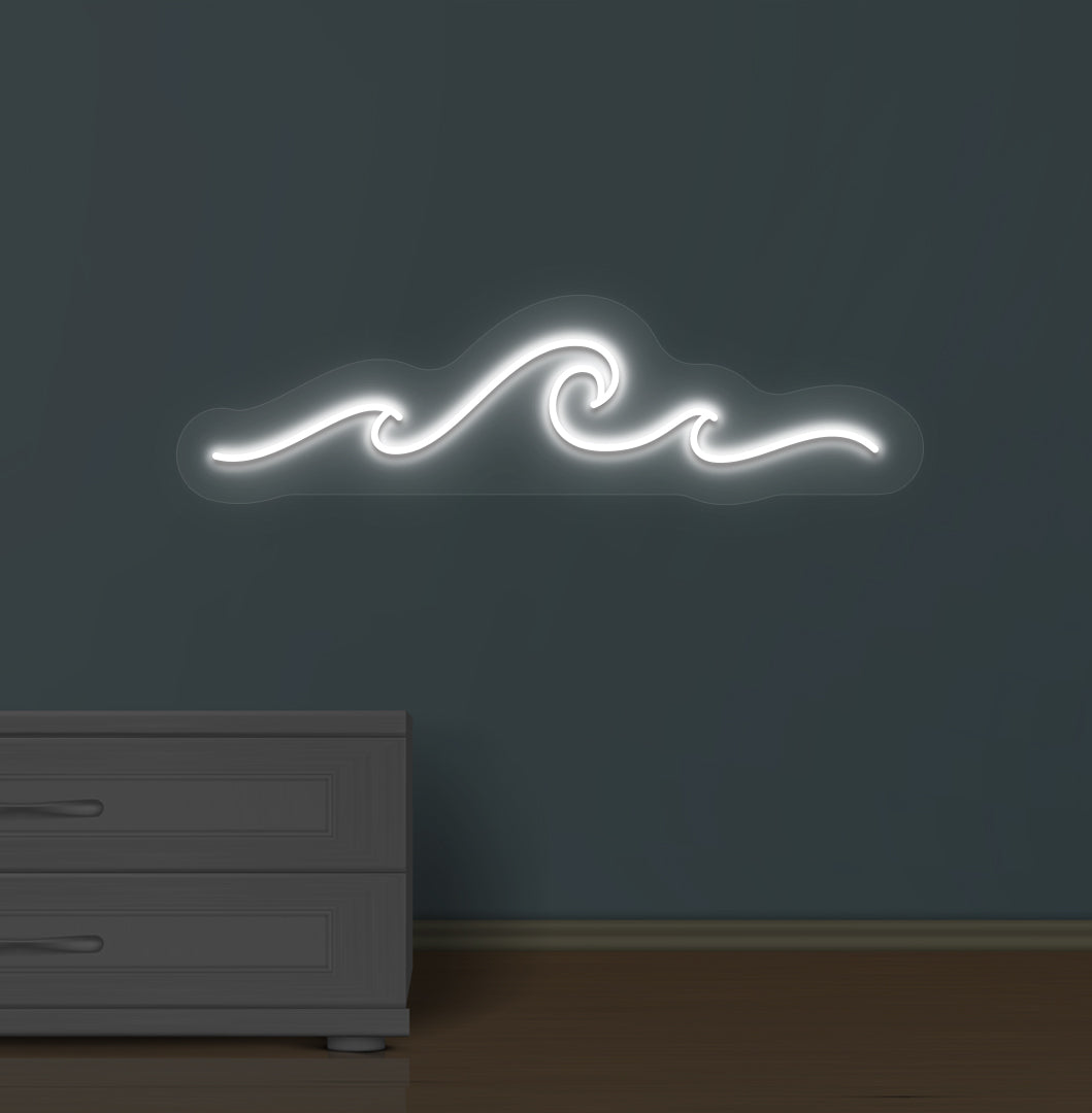 Image of an ocean-style wave neon sign glowing white on a wall.