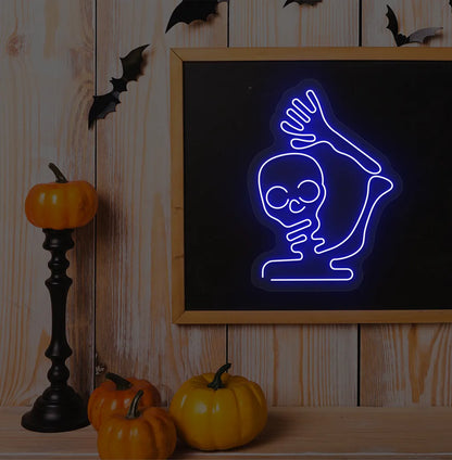 Blue Waving Skeleton Neon Sign glowing on a spooky Halloween themed wall.