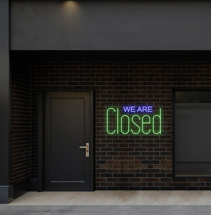 Bright green LED we are closed neon sign perfect for shop exterior decor.