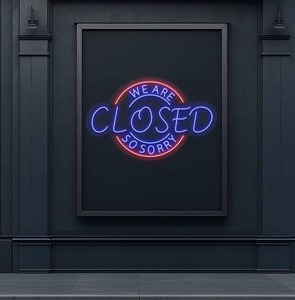 Image of a we are closed so sorry neon sign in blue color glowing on aesthetic wall.