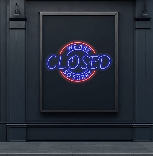 Image of a we are closed so sorry neon sign in blue color glowing on aesthetic wall.