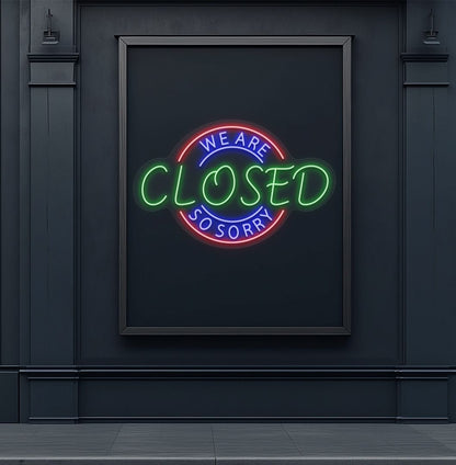 Stylish green LED we are closed so sorry neon sign mounted on wall. 