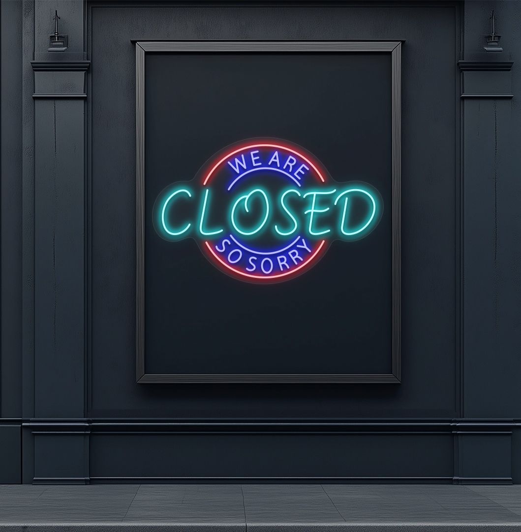 Image of a we are closed so sorry neon sign in ice blue color glowing on aesthetic wall.