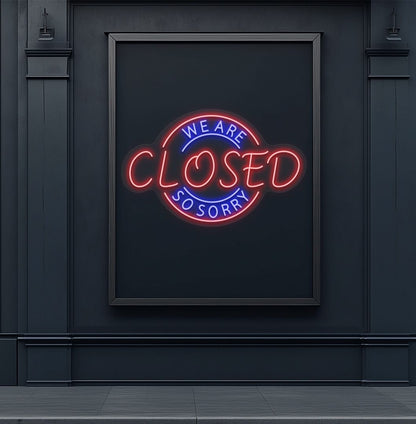 Image of a we are closed so sorry neon sign in red color glowing on aesthetic wall.