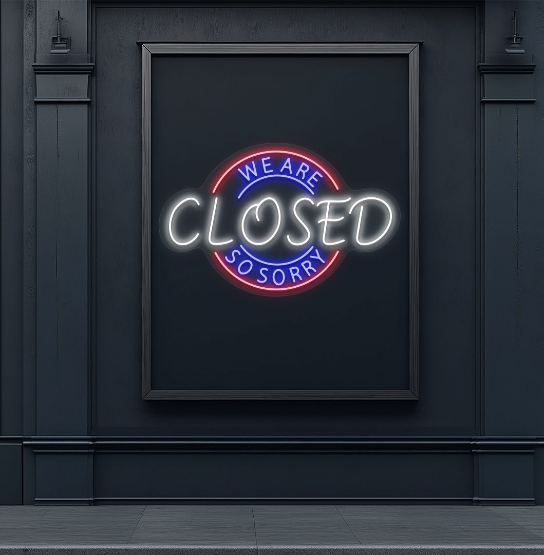 Image of a we are closed so sorry neon sign in white color glowing on aesthetic wall.