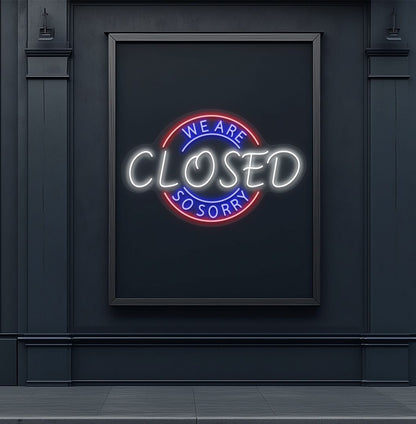 Image of a we are closed so sorry neon sign in white color glowing on aesthetic wall.