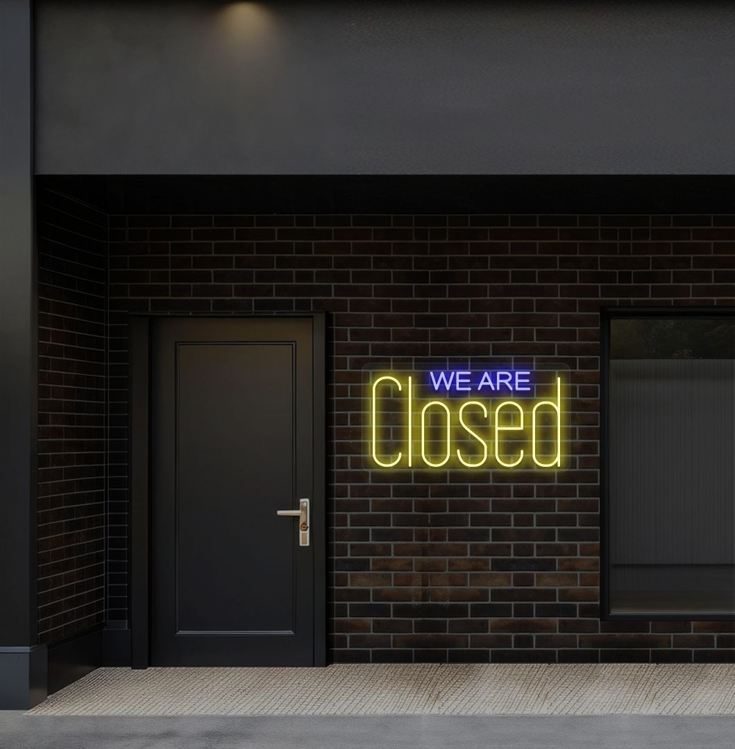 Bright yellow LED we are closed neon sign perfect for shop exterior decor.
