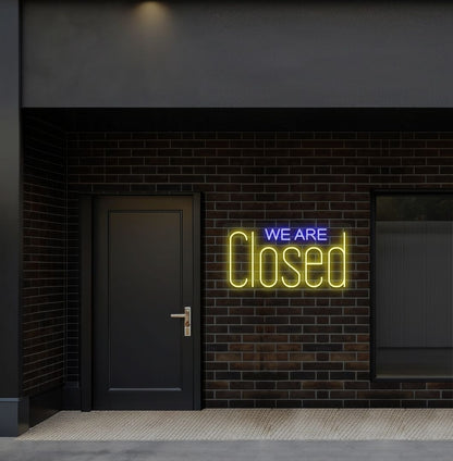 Bright yellow LED we are closed neon sign perfect for shop exterior decor.