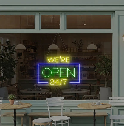 Professional green We Are Open 24/7 neon sign for cafe storefront window.