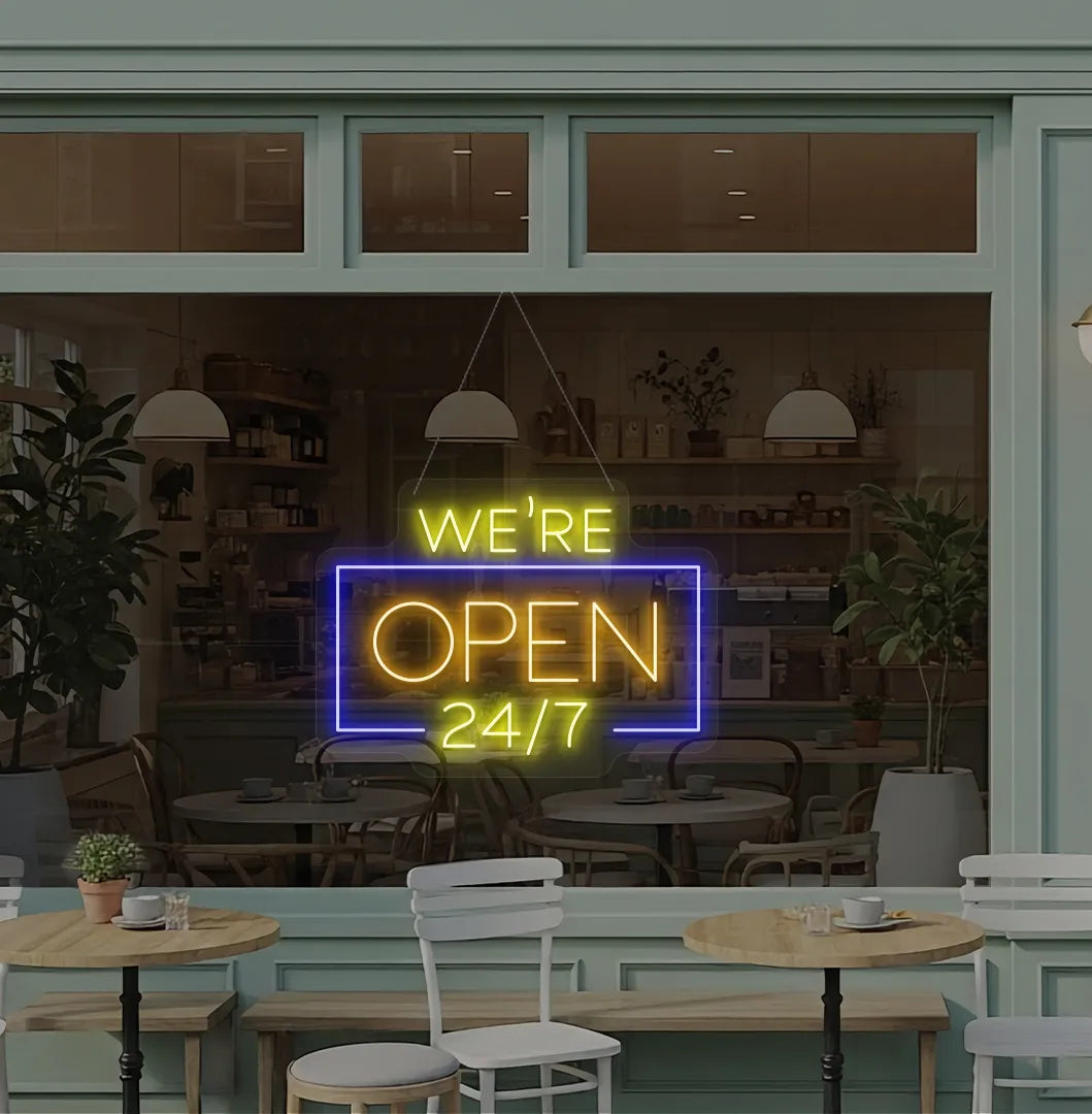 Professional orange We Are Open 24/7 neon sign for cafe storefront window.