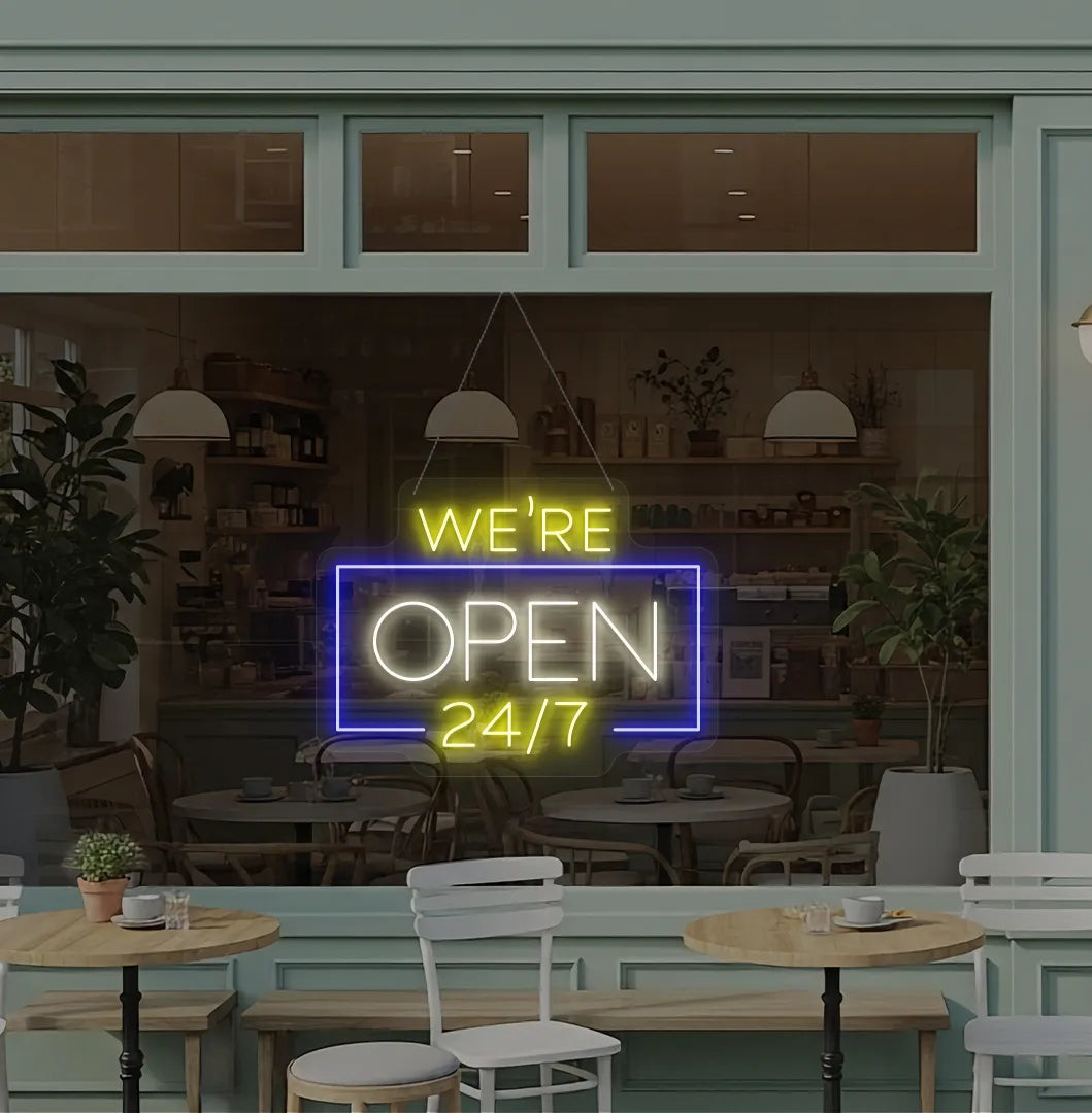 Professional warm white We Are Open 24/7 neon sign for cafe storefront window.