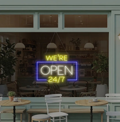 Professional warm white We Are Open 24/7 neon sign for cafe storefront window.