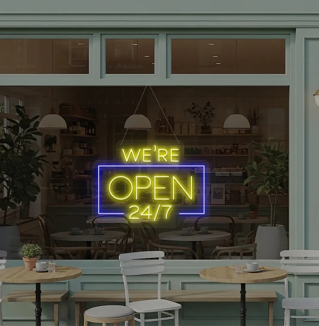 Professional yellow We Are Open 24/7 neon sign for cafe storefront window.