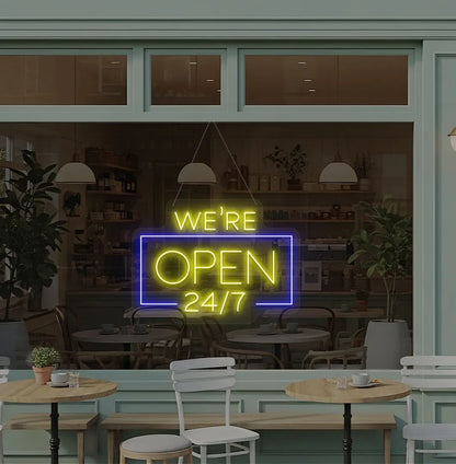 Professional yellow We Are Open 24/7 neon sign for cafe storefront window.