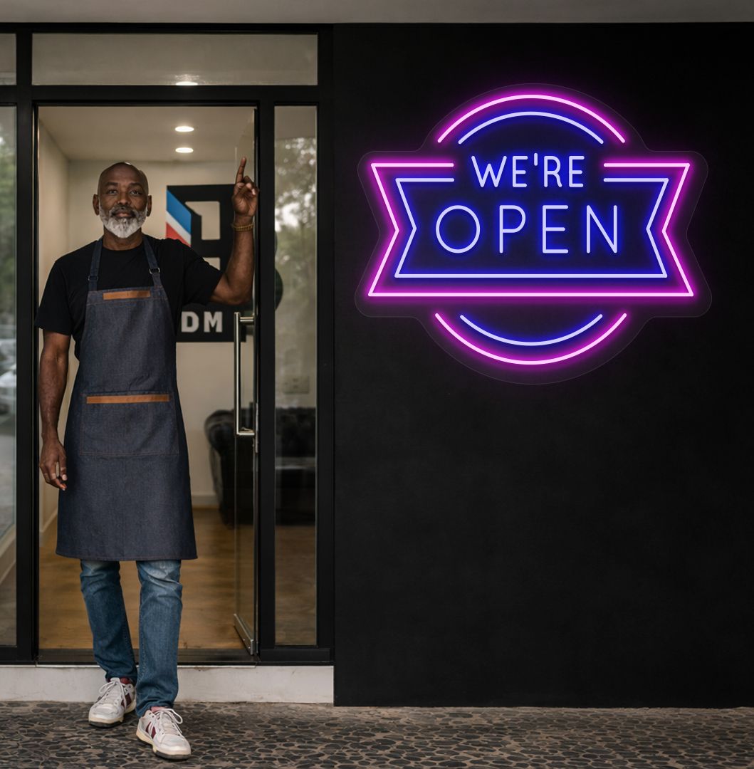 Image of a we're open neon sign glowing on salon exterior wall in blue color.