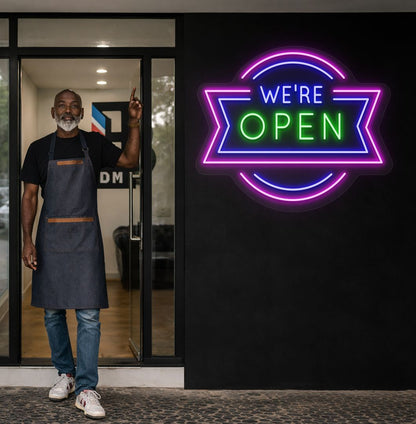 Stylish, we're open neon sign glowing green on salon wall. perfect for entrances, beauty studios, retail storefronts, service-based businesses, and commercial spaces