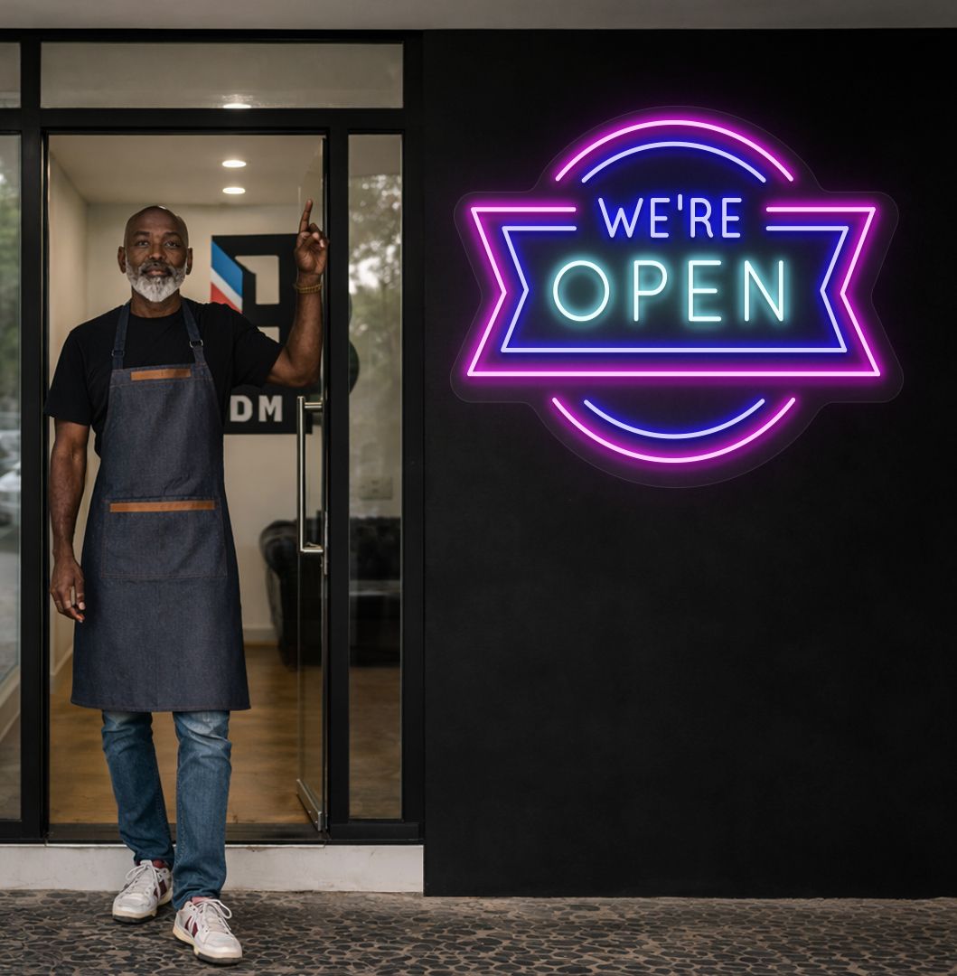 Image of a we're open neon sign glowing on salon exterior wall in ice blue color.
