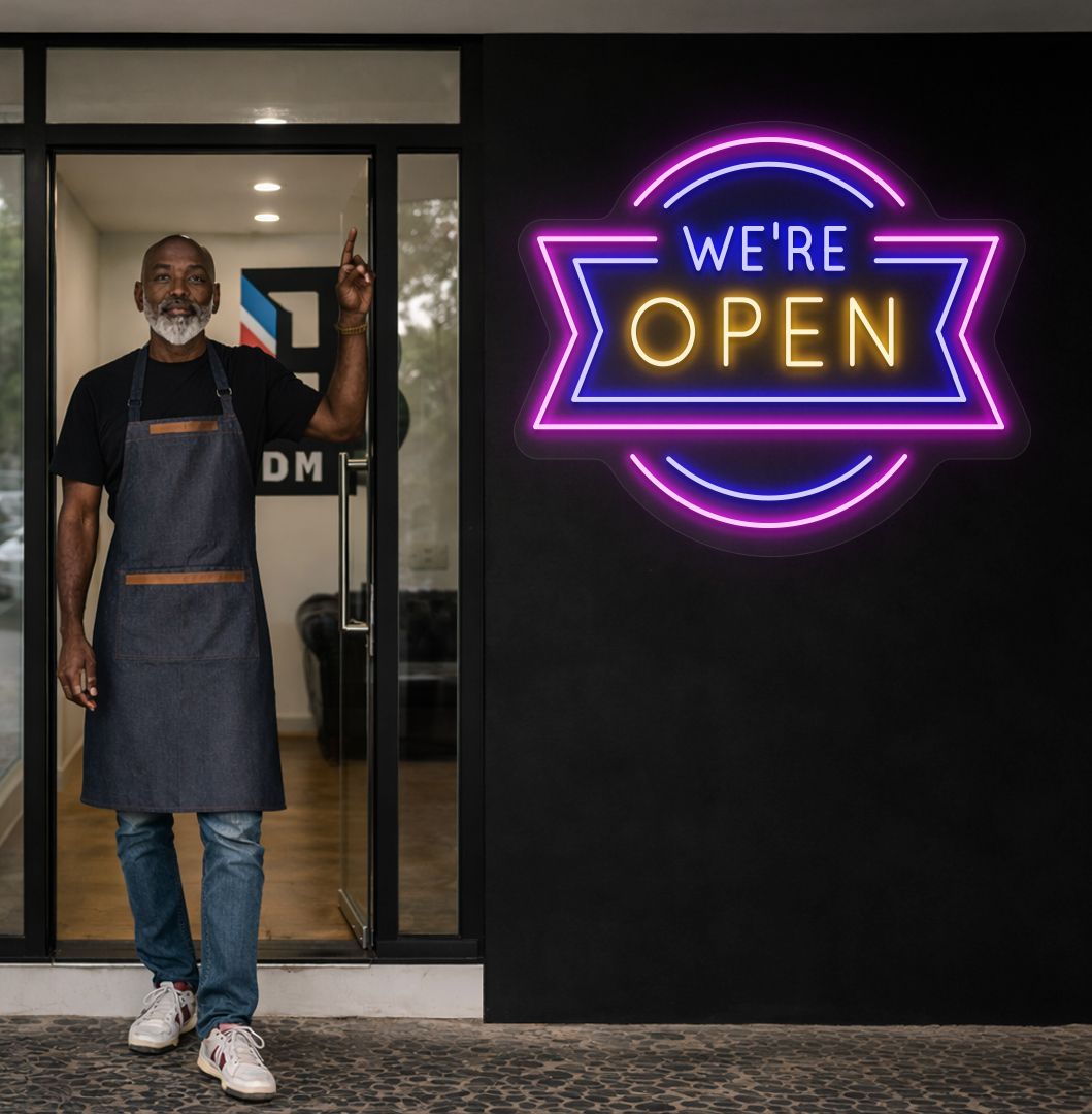 Stylish, we're open neon sign glowing orange on salon wall. perfect for entrances, beauty studios, retail storefronts, service-based businesses, and commercial spaces