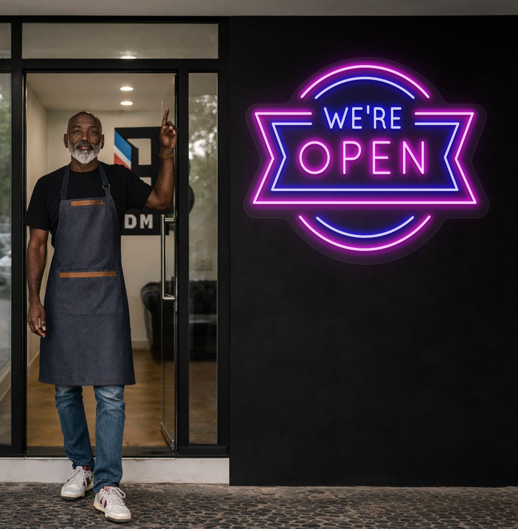 Image of a we're open neon sign glowing on salon exterior wall in pink color.